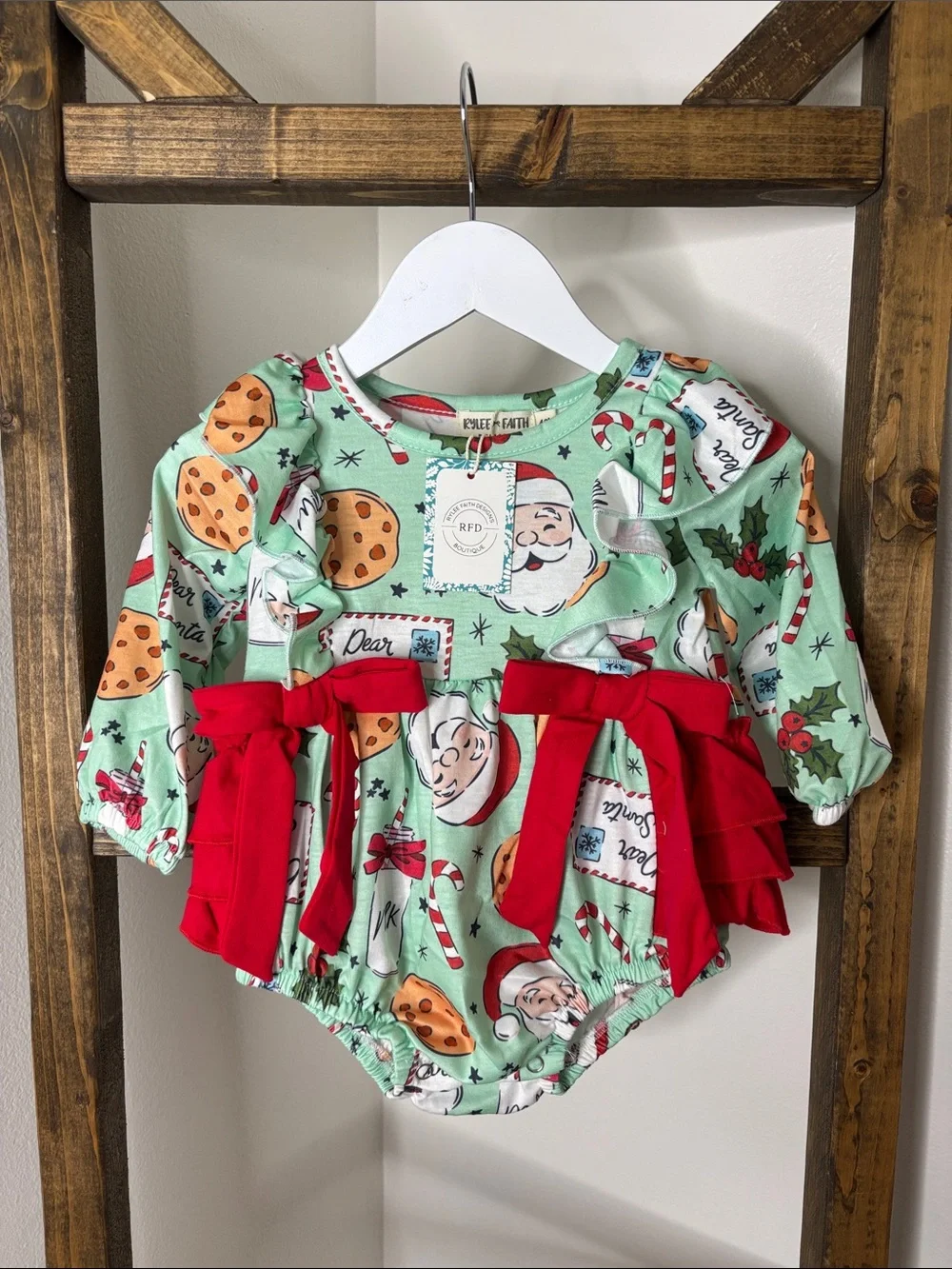 Children's Christmas Santa & Cookie One-Piece with Red Bows Size 12M